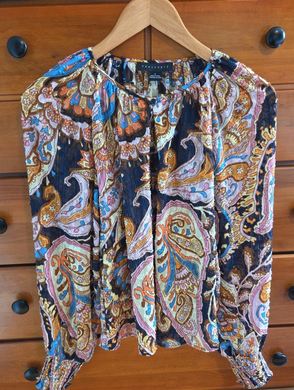 Sanctuary Multicolor Paisley Peasant Blouse — Blue, Pink, Tan, Brown